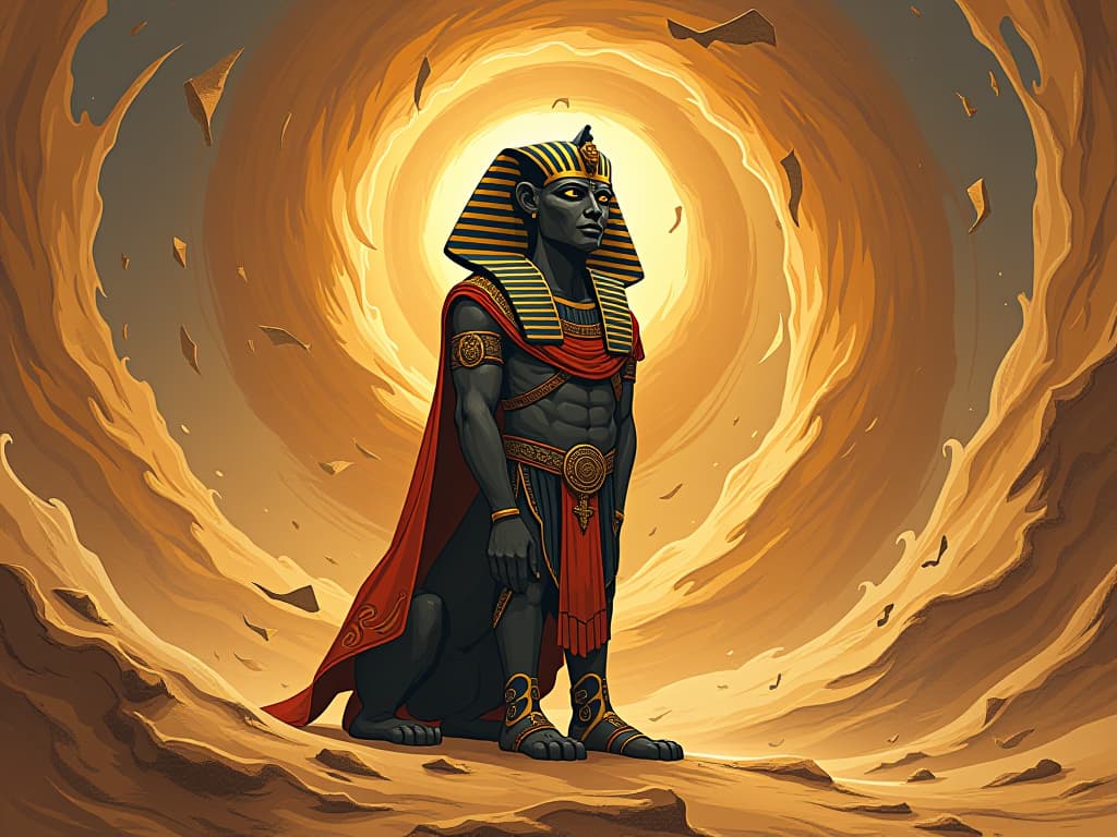  sphinx standing tall against a backdrop of a swirling sandstorm, twisted in chaotic spirals, symbolizing global market chaos. the style is digital art illustration / modern comic book / mysterious occult, symbolic, esoteric vibe,high detail on character design, incorporating ancient egyptian symbology and attire.