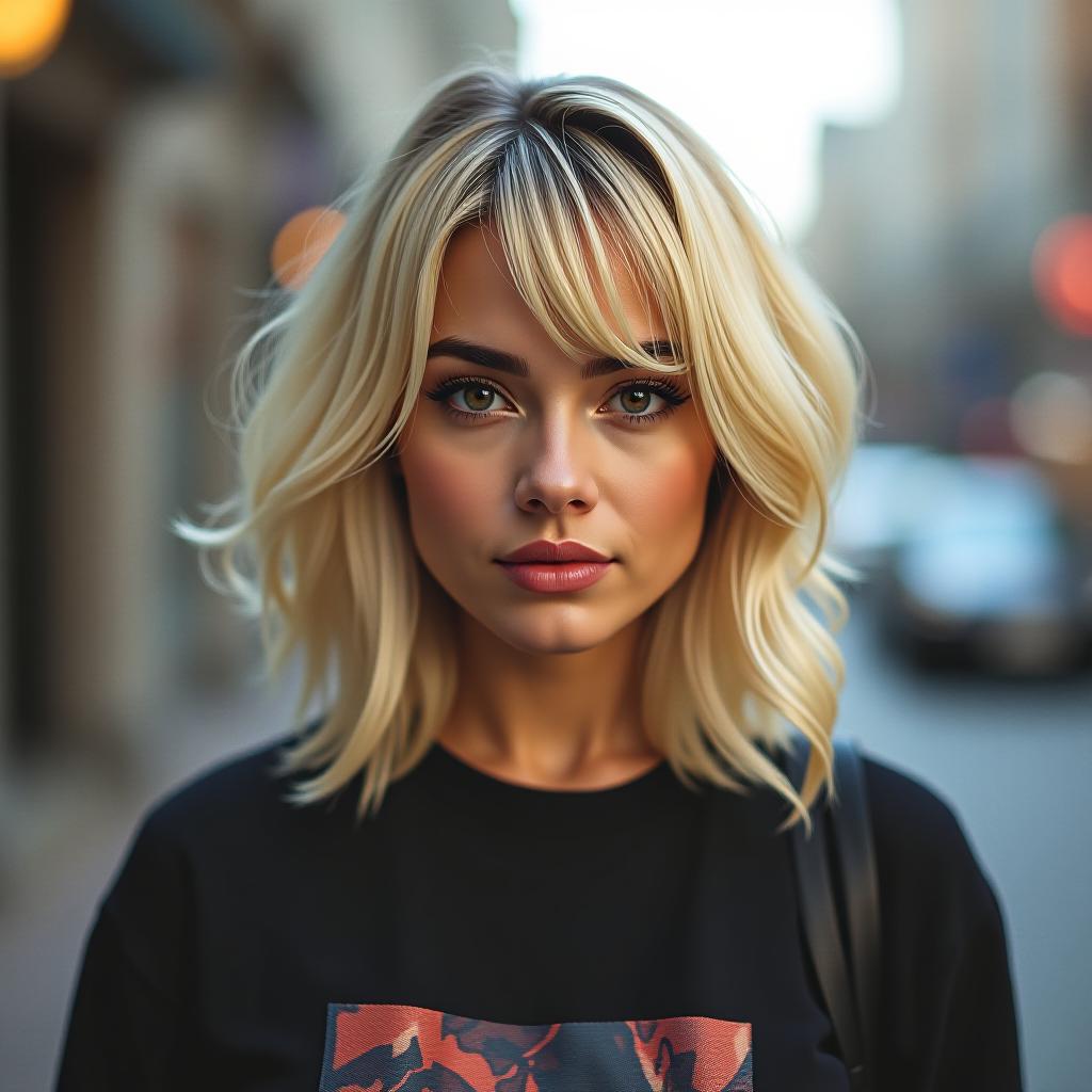  make an image of a blonde bob woman with dark brown eyes wearing streetwear