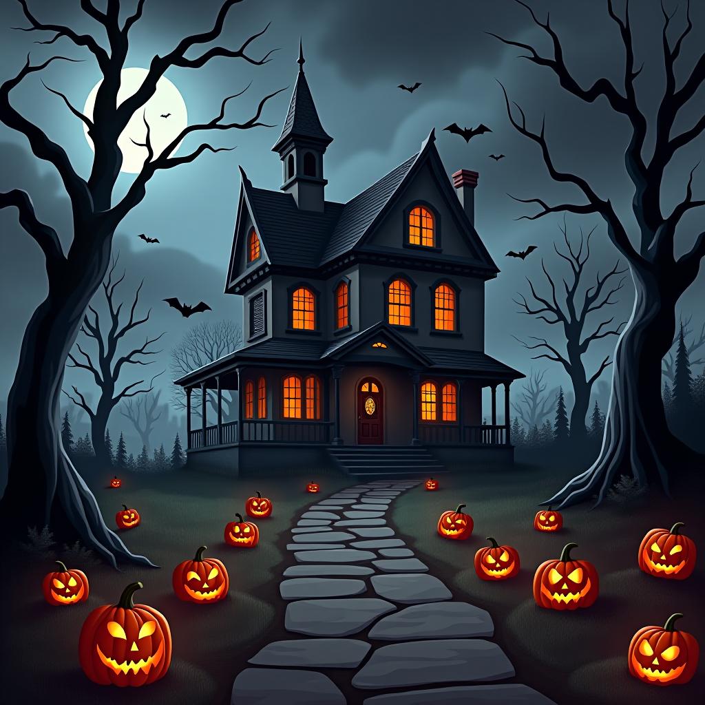  create a seamless digital painting of a spooky, halloween themed scene featuring a haunted house with gothic architecture. the house should be surrounded by twisted, gnarled trees and a multitude of jack o' lanterns. the scene should include a dark, cloudy sky to enhance the eerie atmosphere. the overall style should be detailed and atmospheric, capturing the essence of a haunted, creepy environment perfect for halloween, ensuring the design is seamless for use in repeating patterns or wraps.