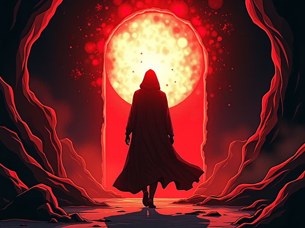  figure in red, walking towards a glowing portal, symbols of honesty and humility surrounding, aura of committing to change. the style is digital art illustration / modern comic book / graphic dark novel fantasy and mysterious occult, symbolic, moody lighting, esoteric vibe,high detail on character design. for the color scheme emphasize blacks and reds.