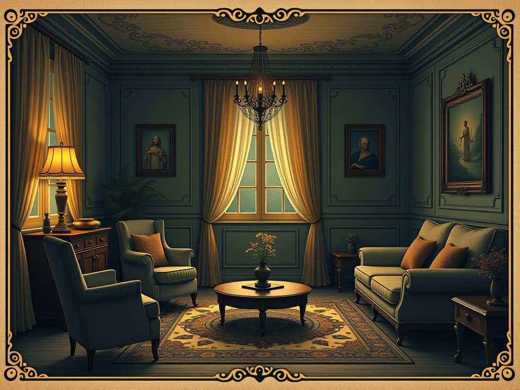  a balanced, harmonious room, glowing softly, serene vibes, reflection of inner peace, orderliness in decor. an illustration in the style of a worn, mystical old tarot trump card, mysterious and elements of surrealism. the colors are muted, somber and eerie, but with contrast bring out an occult and esoteric vibe.