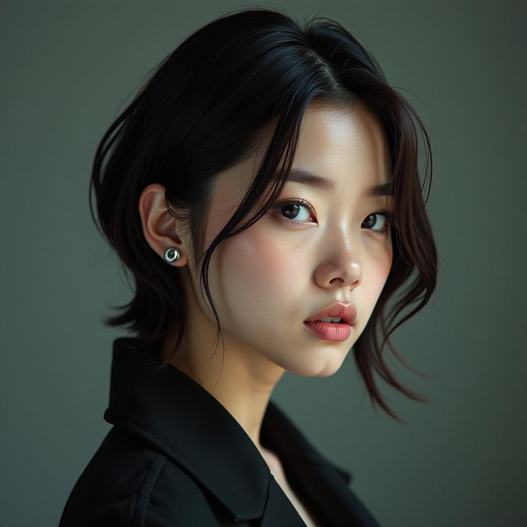  a brunette asian girl with very short hair and two piercings in her ear. hyperrealistic, full body, detailed clothing, highly detailed, cinematic lighting, stunningly beautiful, intricate, sharp focus, f/1. 8, 85mm, (centered image composition), (professionally color graded), ((bright soft diffused light)), volumetric fog, trending on instagram, trending on tumblr, HDR 4K, 8K