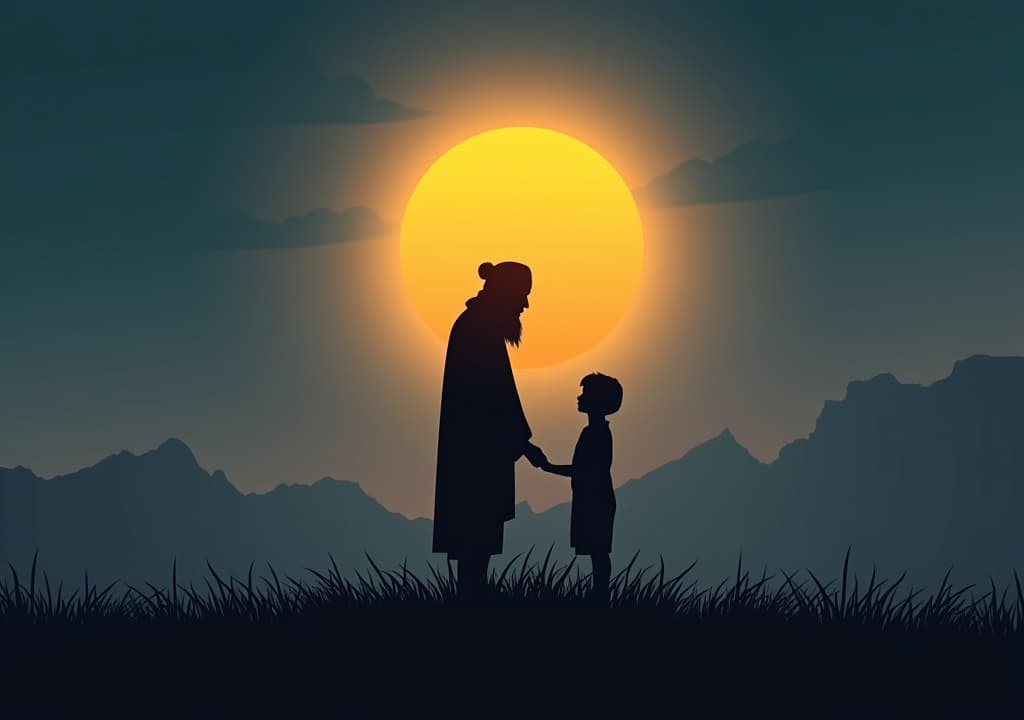  illustration for guru purnima with a silhouette of guru with a disciple