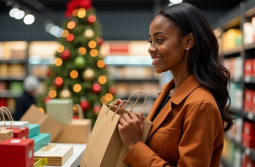  advertising style, stock photo, corporate branding style close up of dark skinned woman with craft bags at checkout in store. christmas tree blurred in background . professional, clean, modern, product focused, commercial, eye catching, minimalist, business oriented, highly detailed