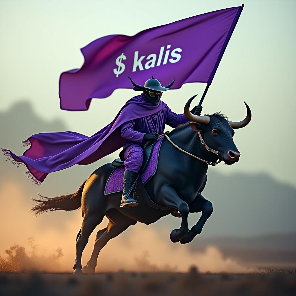  bull man riding a purple rocket while holding a purple flag. on the flag the word $kalis should be written. hyperrealistic, full body, detailed clothing, highly detailed, cinematic lighting, stunningly beautiful, intricate, sharp focus, f/1. 8, 85mm, (centered image composition), (professionally color graded), ((bright soft diffused light)), volumetric fog, trending on instagram, trending on tumblr, HDR 4K, 8K