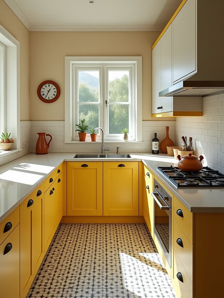  high quality portrait photo of a sun drenched kitchen with canary yellow lower cabinets, crisp white upper cabinets, and a patterned black and white tile floor, viewed from above hyperrealistic, full body, detailed clothing, highly detailed, cinematic lighting, stunningly beautiful, intricate, sharp focus, f/1. 8, 85mm, (centered image composition), (professionally color graded), ((bright soft diffused light)), volumetric fog, trending on instagram, trending on tumblr, HDR 4K, 8K