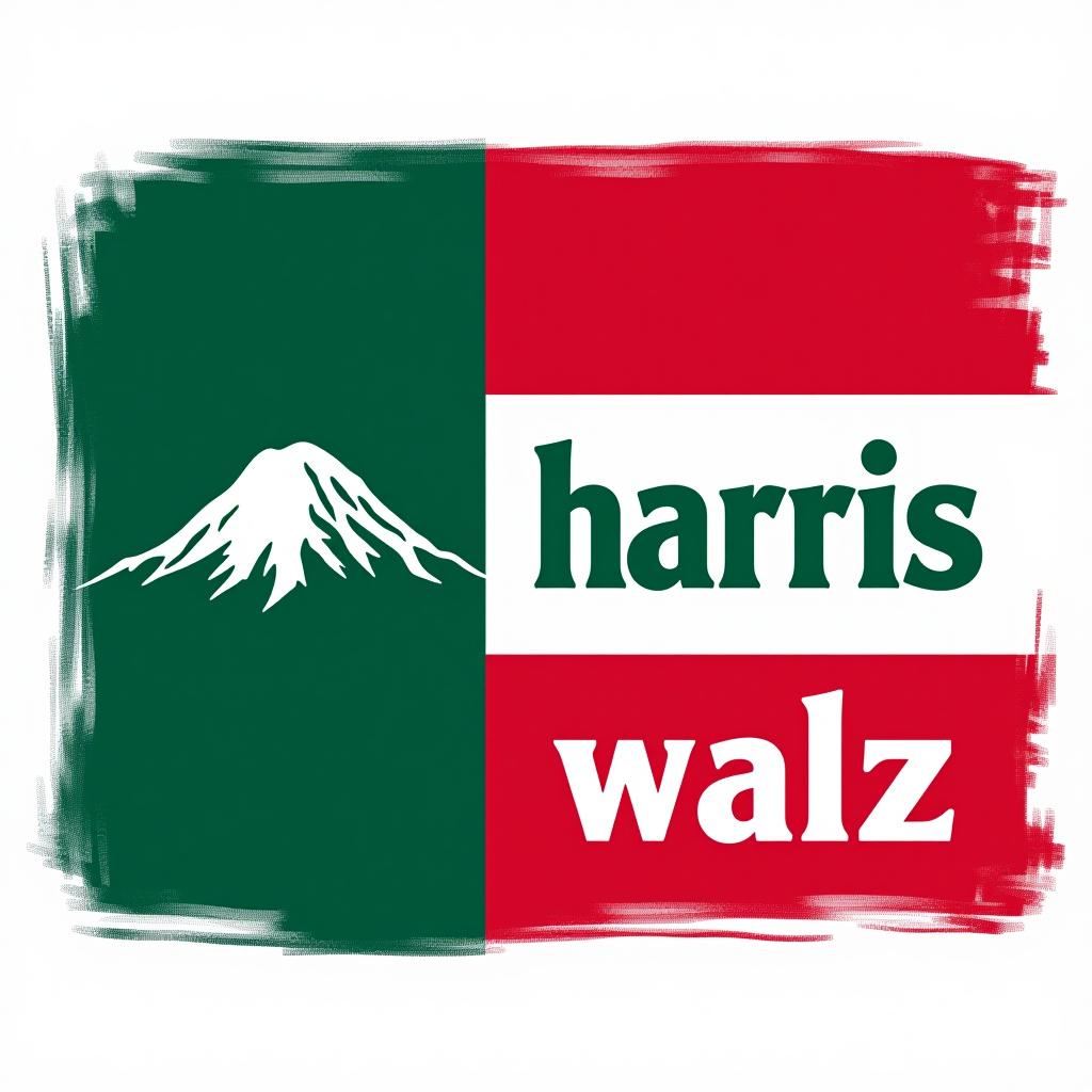  a design inspired by the washington state flag. the left side features a green vertical stripe with mt. rainer in the center. the right side is divided into two horizontal sections: the top section is white with the text 'washington for' in bold, green, uppercase letters, and the bottom section is red with the text 'harris walz' in bold, white, uppercase letters. the overall layout is clean and straightforward, with a clear and patriotic color scheme of blue, white, and red.