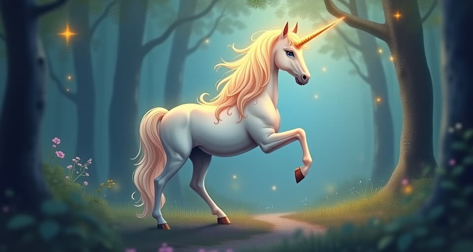  a noble unicorn with a glowing mane, standing in a celestial forest. the trees shimmer with divine light, and the unicorn's presence exudes purity and grace, beyond mere adherence to rules.. the style is digital art illustration,highly detailed, whimsical,magical, dreamlike atmosphere, realism and fantasy blend, smooth, glossy textures,luminous quality, wonder and enchantment.