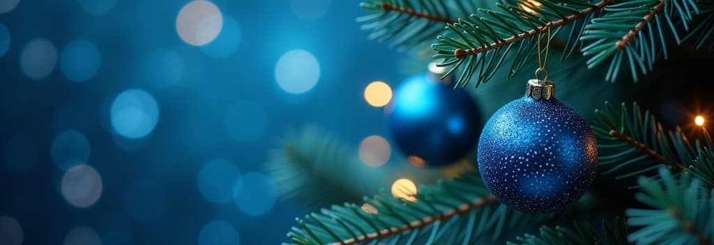  christmas tree with ornaments in blue and defocused lights baubles hanging on fir branches with glittering in abstract background ar 3:1 {prompt}, maximum details