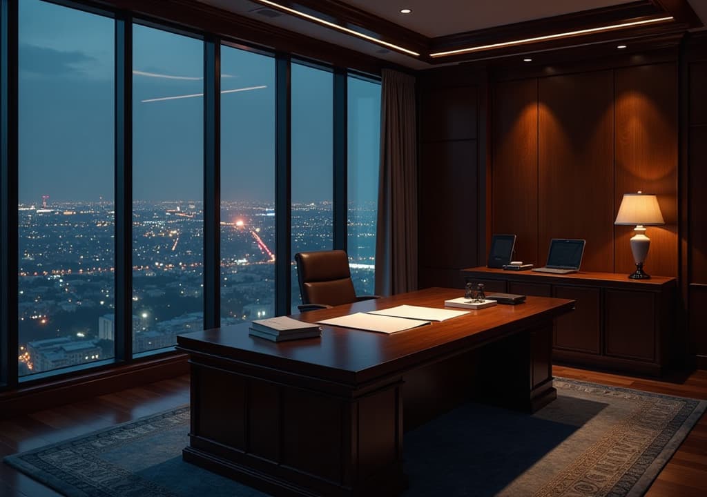  a hyper realistic image of a luxurious office in a high rise building. the room has dark wood paneling, a large mahogany desk, and floor to ceiling windows that offer a panoramic view of the city at night. papers and files are neatly organized on the desk, and a modern leather chair sits behind it. the dim lighting and the distant city lights give the office a powerful, secretive aura, high quality, high details, hd, perfect composition, 4k epic detailed, highly detailed, sharp focus, high resolution