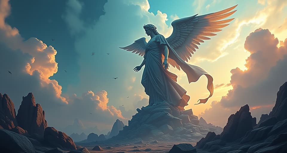  a shattered celestial statue, crumbling under an ethereal sky. fallen banners, mystical light, the atmosphere of dire consequences.. the style is digital art illustration,highly detailed, whimsical,magical, dreamlike atmosphere, realism and fantasy blend, smooth, glossy textures,luminous quality, wonder and enchantment.