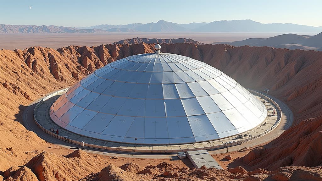  prompt: create an ultra realistic image showcasing the construction progress of the eso extremely large telescope (elt) on cerro armazones in the chilean atacama desert. the focal point should be the 39 meter main mirror, consisting of 798 hexagonal segments, with over 70% already manufactured. surrounding the mirror, display the telescope dome in the process of being built, emphasizing its intricate design. incorporate a team of engineers and workers meticulously assembling the components, high