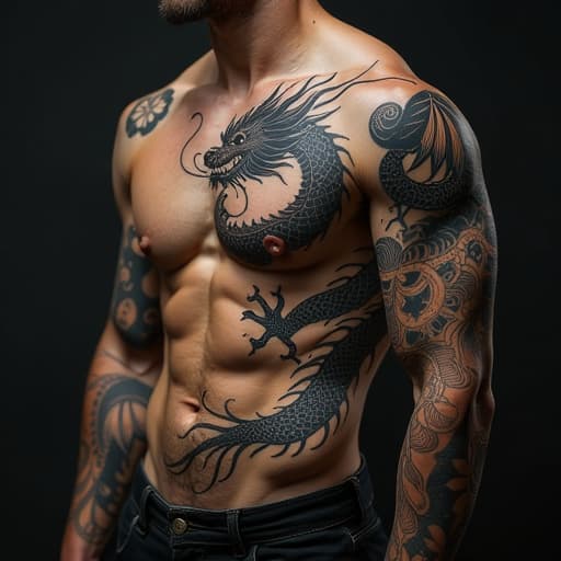  image of a dragon tattoo running along the side of a man's torso. the dragon should appear fierce and dynamic, with intricate scales and flowing lines, wrapping around the side of the body.create an image of a vintage style clothing and tattoo design. the person’s clothing must be included. hyperrealistic, full body, detailed clothing, highly detailed, cinematic lighting, stunningly beautiful, intricate, sharp focus, f/1. 8, 85mm, (centered image composition), (professionally color graded), ((bright soft diffused light)), volumetric fog, trending on instagram, trending on tumblr, HDR 4K, 8K