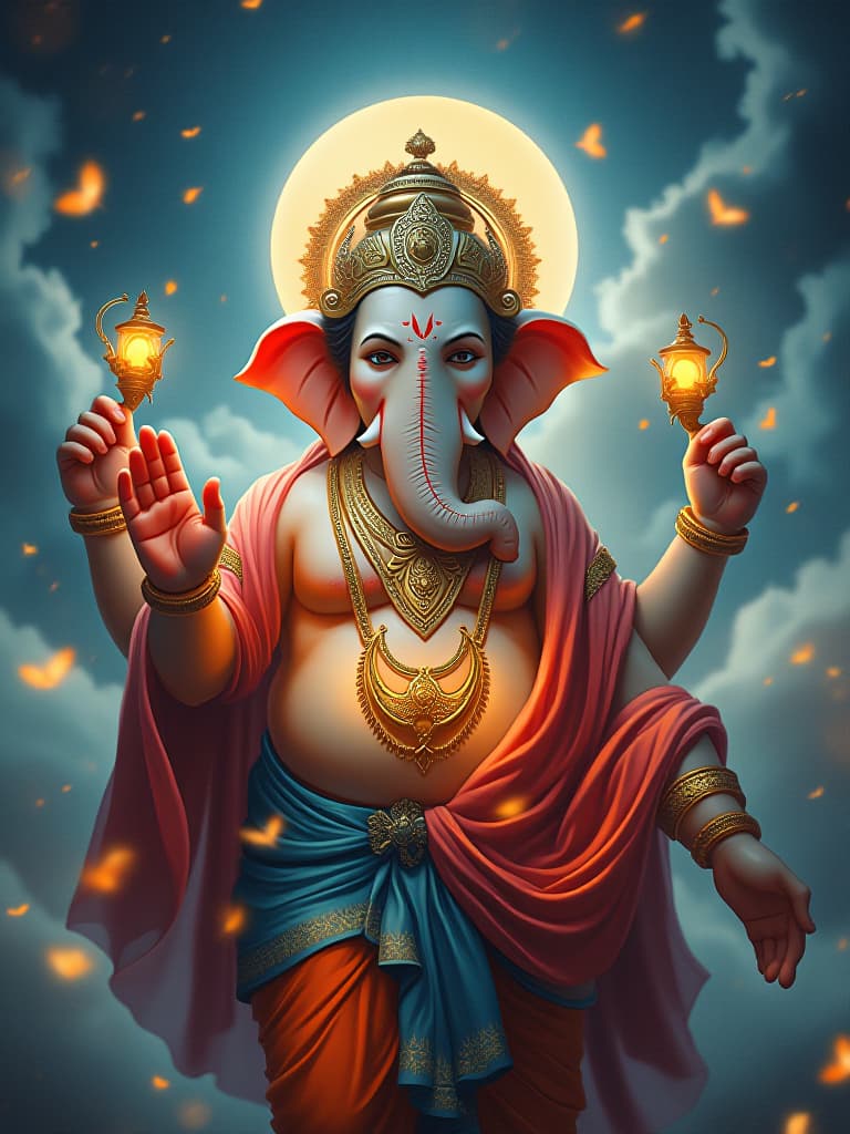  a portrait of a actual god ganesh ji (ganpati ji) with a luminous dress, eyes shut, mouth closed, wind, sky, clouds, the moon, moonlight, stars, universe, fireflies, butterflies, lights, lens flares effects, swirly bokeh, brush effect, celestial, amazing, astonishing, wonderful, beautiful, highly detailed hyperrealistic, full body, detailed clothing, highly detailed, cinematic lighting, stunningly beautiful, intricate, sharp focus, f/1. 8, 85mm, (centered image composition), (professionally color graded), ((bright soft diffused light)), volumetric fog, trending on instagram, trending on tumblr, HDR 4K, 8K