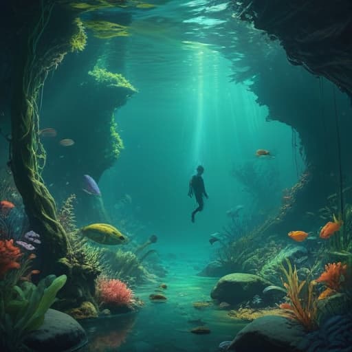 Imagine a mesmerizing digital painting of an underwater world, where a vast river of alkaline brine water flows deep beneath the ocean's surface. The water has a distinct green tint, shimmering with otherworldly beauty. Schools of colorful fish swim gracefully through the clear waters, surrounded by vibrant coral reefs and mysterious sea creatures. The scene is both serene and magical, inviting viewers to dive into the enchanting depths of the undersea alkaline brine river. fantastical creatures or characters inspired by mythology, folklore, or popular culture. use vibrant colors, sharp lines, intricate details, dynamic poses, dramatic lighting, atmospheric backgrounds, and blend anime, manga, and Western comic influences.