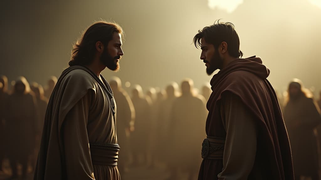  history of biblical times, jacob encountering esau, a moment filled with tension and cautious optimism. hyperrealistic, full body, detailed clothing, highly detailed, cinematic lighting, stunningly beautiful, intricate, sharp focus, f/1. 8, 85mm, (centered image composition), (professionally color graded), ((bright soft diffused light)), volumetric fog, trending on instagram, trending on tumblr, HDR 4K, 8K