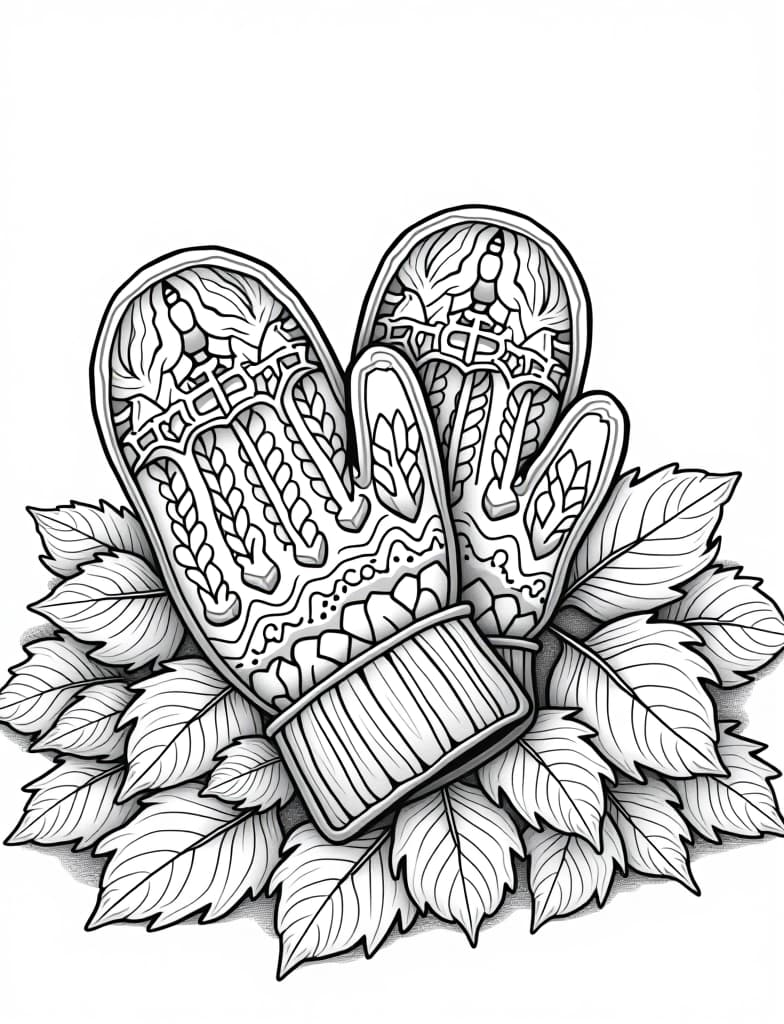  a pair of knitted mittens resting on a pile of autumn leaves, black and white line art on a white background, for an adult coloring page.