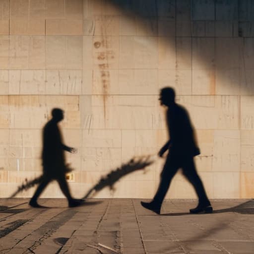 a man walks near the wall and a shadow falls from him in the form of a crocodile