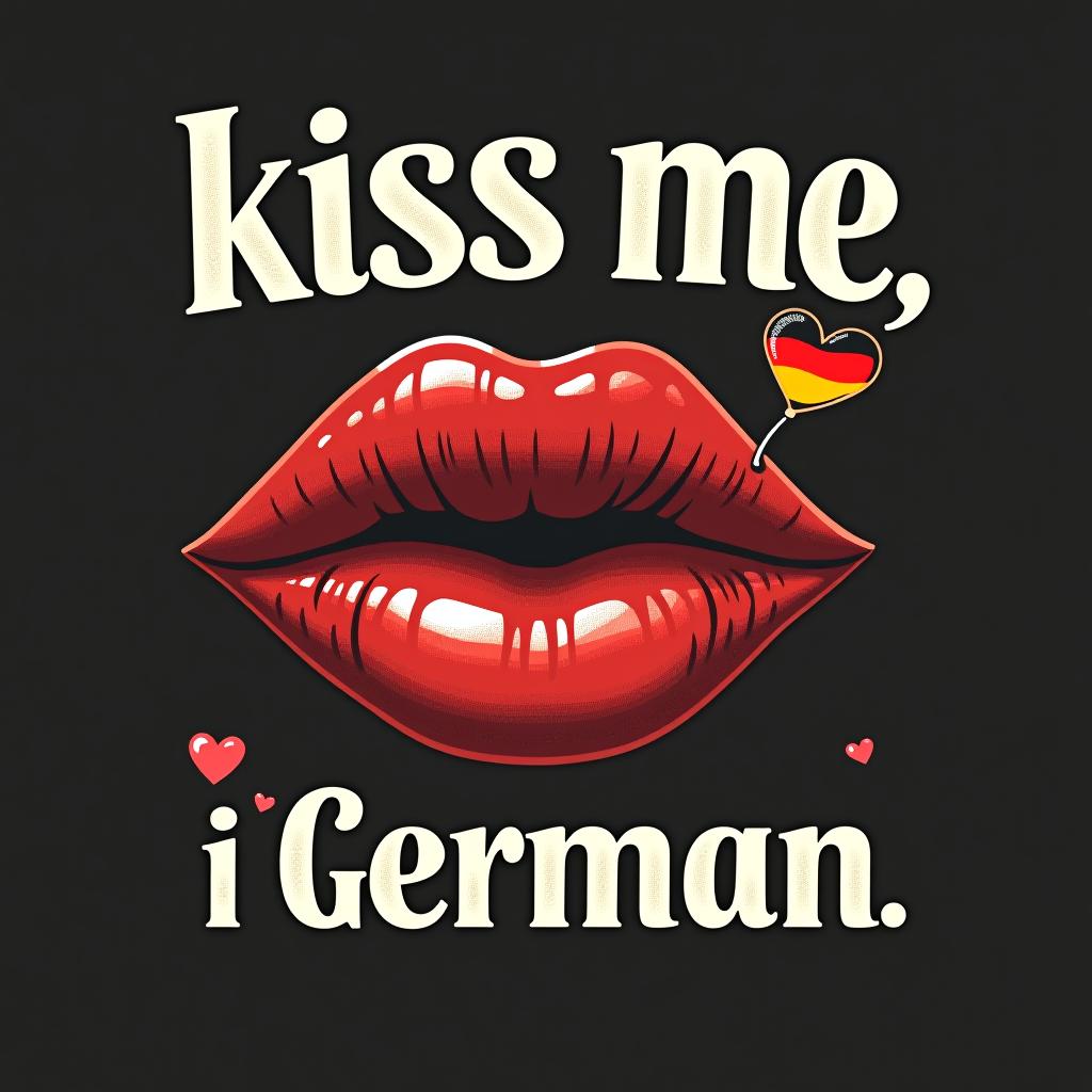  festive design with 'kiss me, i'm german.' bold font, with lips and a small german flag with subtle hearts. place the word oktoberfest at the bottom of the image