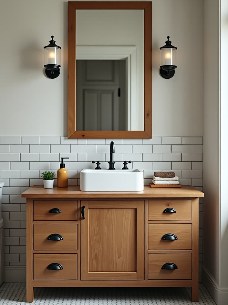  high quality portrait photo of a farmhouse style vanity made from a repurposed wooden dresser, topped with a white ceramic sink and vintage inspired faucet, against a backdrop of white subway tiles hyperrealistic, full body, detailed clothing, highly detailed, cinematic lighting, stunningly beautiful, intricate, sharp focus, f/1. 8, 85mm, (centered image composition), (professionally color graded), ((bright soft diffused light)), volumetric fog, trending on instagram, trending on tumblr, HDR 4K, 8K