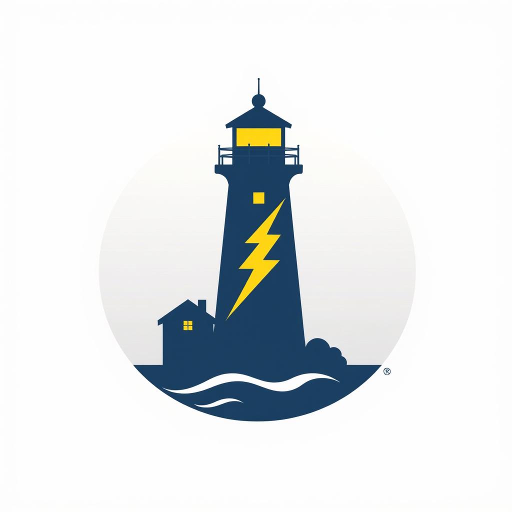  design a logo, , with the text 'logo for rjr contractors, an electrical company based in the maryland/chesapeake bay area: concept 1: nautical and electrical fusion • icon: combine a lighthouse with an electrical bolt. the lighthouse represents the chesapeake bay area, while the bolt signifies electrical services. • colors: use navy blue and bright yellow to represent the nautical theme and electricity. • font: a bold, modern sans serif font to convey professionalism and reliability.'.