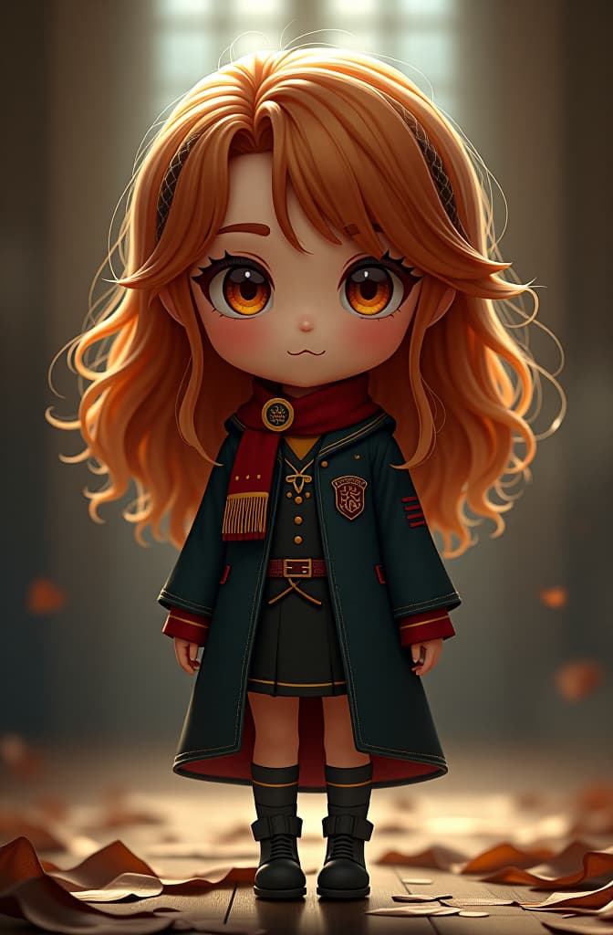  crea a hermione grenger kawai chibi hyperrealistic, full body, detailed clothing, highly detailed, cinematic lighting, stunningly beautiful, intricate, sharp focus, f/1. 8, 85mm, (centered image composition), (professionally color graded), ((bright soft diffused light)), volumetric fog, trending on instagram, trending on tumblr, HDR 4K, 8K