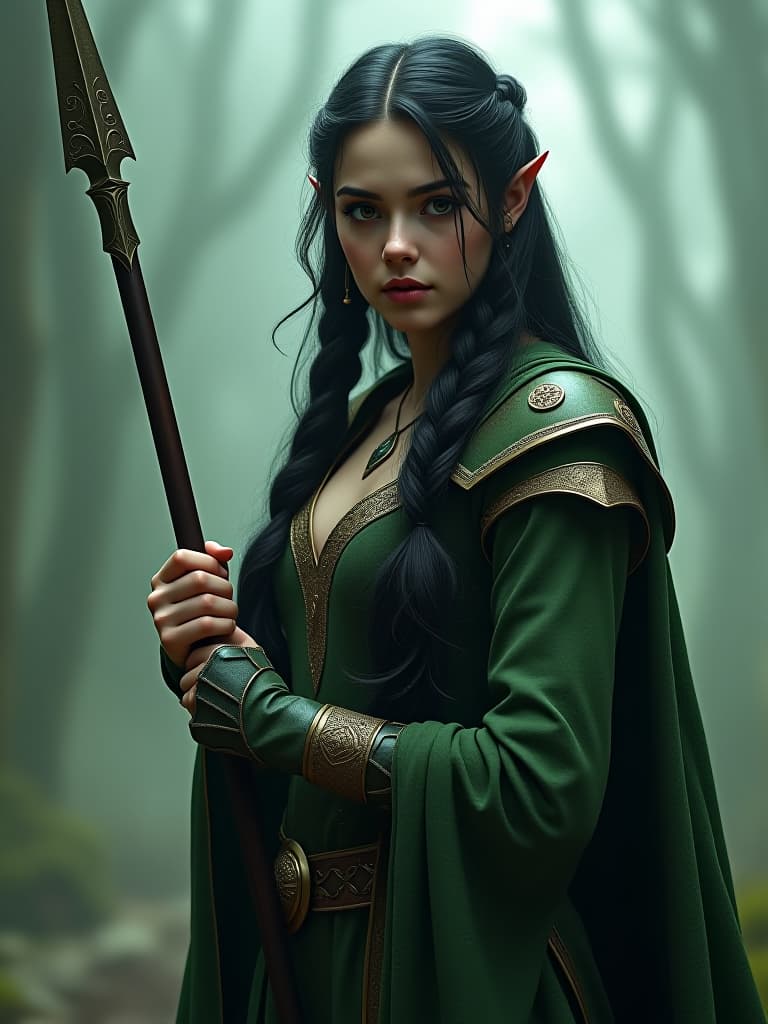  (style of leonid afremov:1.5), mesmerizing elf woman, young elf woman in green elf armor holding with a spear in hands, very long black hair, french braid, white skin, against the backdrop of the elven village, epic realism, anime features, dark fantasy, abstract horror, desaturated color palette, gothic and renaissance aesthetic, hyperrealistic, full body, detailed clothing, highly detailed, cinematic lighting, stunningly beautiful, intricate, sharp focus, f/1. 8, 85mm, (centered image composition), (professionally color graded), ((bright soft diffused light)), volumetric fog, trending on instagram, trending on tumblr, HDR 4K, 8K