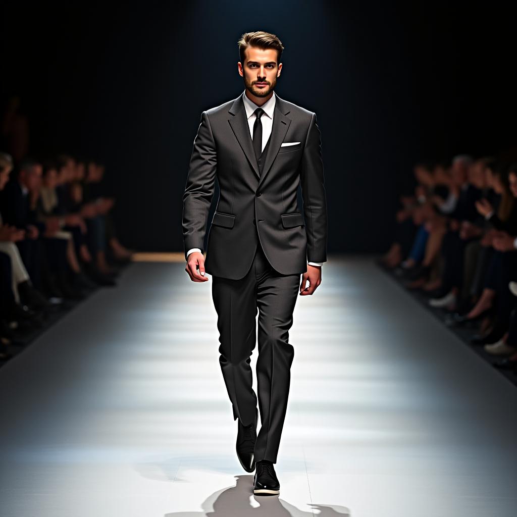  photograph of an insanely good looking one man male model in his 30's with mesmerizing eyes walking on the catwalk, business suit, sensual look, full body picture, walking down a runway. shot with an 85mm lens at f/1.8, iso 100, 1/1000 sec shutter speed. photographer irving penn