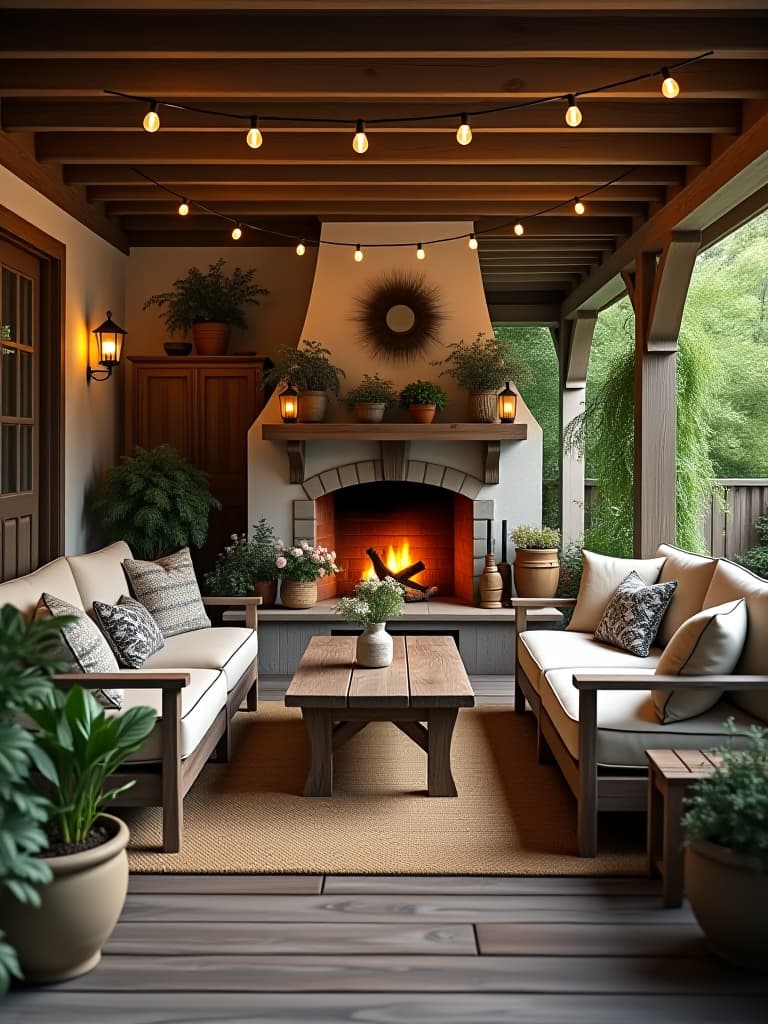  high quality portrait photo of a rustic farmhouse style patio with weathered wood furniture, vintage accessories, a cozy outdoor fireplace, and string lights hanging overhead, surrounded by wildflowers and herb gardens hyperrealistic, full body, detailed clothing, highly detailed, cinematic lighting, stunningly beautiful, intricate, sharp focus, f/1. 8, 85mm, (centered image composition), (professionally color graded), ((bright soft diffused light)), volumetric fog, trending on instagram, trending on tumblr, HDR 4K, 8K