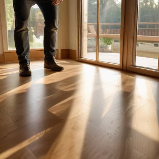 A photo of a skilled artisan carefully installing a hardwood floor in a modern, spacious living room during the golden hour with warm natural sunlight streaming through large windows, casting long, inviting shadows across the room.