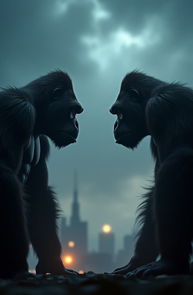  a cinematic and ominous scene featuring two gorilla brothers standing on opposite sides of the frame, facing each other with intense, hostile stares. the tension between them is palpable, as if they are moments away from clashing. their powerful, muscular forms are poised in a threatening stance, with each brother ready to confront the other. the atmosphere is heavy with suspense, enhanced by dark, shadowy lighting that adds a layer of mystery and drama. the composition captures the gravity of their impending showdown, making it an ideal setup for a dramatic and epic movie poster.", night clouds, above city, atmospheric lighting, octane render a fantasy digital painting by james gurney, trending on artstation, hyperrealistic, realistic, pho hyperrealistic, full body, detailed clothing, highly detailed, cinematic lighting, stunningly beautiful, intricate, sharp focus, f/1. 8, 85mm, (centered image composition), (professionally color graded), ((bright soft diffused light)), volumetric fog, trending on instagram, trending on tumblr, HDR 4K, 8K