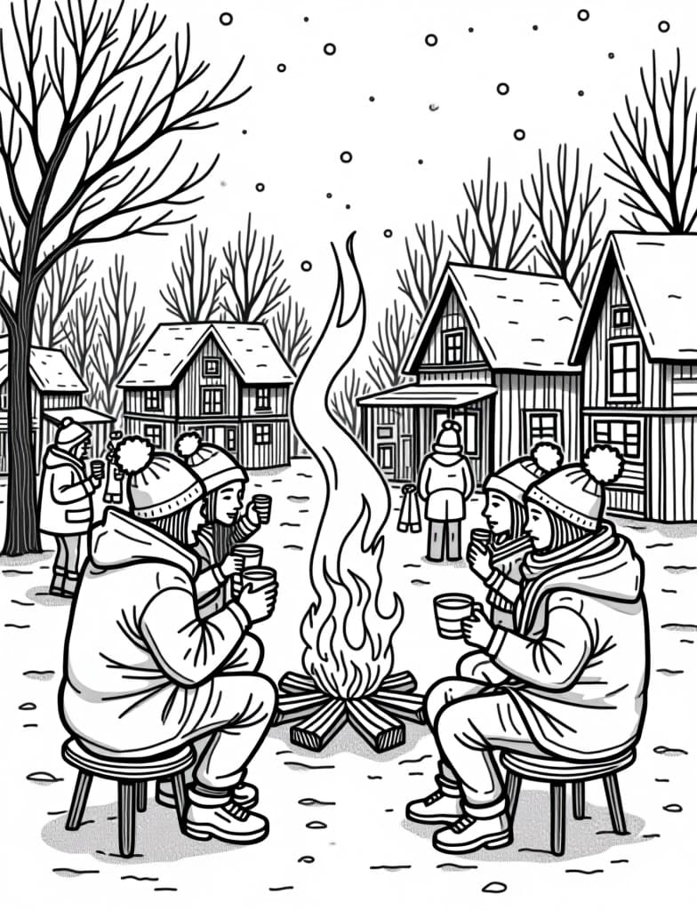  this is for an adult coloring page. a detailed black and white line art of a snowy winter festival with people drinking hot cocoa by a bonfire on a solid white background.