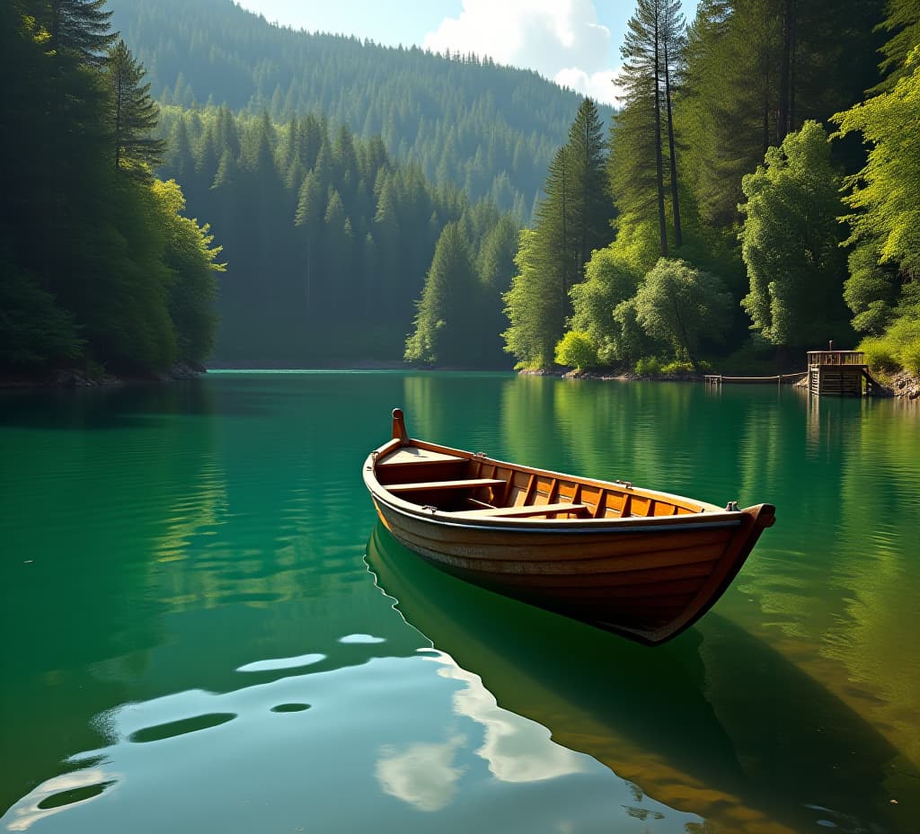  vintage retro wooden fishing boat on green river or lake water surrounded by forest trees nature. summer outdoor tranquil environment