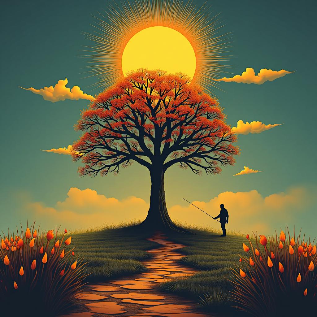  design a logo, in a surrealism style. muskel mann unter einem eichenbaum im sonnenaufgang , with the text '„eichenbaum“ in alter deutscher schrift '.