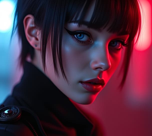  ultra realistic close up portrait ((beautiful pale cyberpunk female with heavy black eyeliner)), blue eyes, shaved side haircut, hyper detail, cinematic lighting, magic neon, dark red city, canon eos r3, nikon, f/1.4, iso 200, 1/160s, 8k, raw, unedited, symmetrical balance, in frame, 8k hyperrealistic, full body, detailed clothing, highly detailed, cinematic lighting, stunningly beautiful, intricate, sharp focus, f/1. 8, 85mm, (centered image composition), (professionally color graded), ((bright soft diffused light)), volumetric fog, trending on instagram, trending on tumblr, HDR 4K, 8K