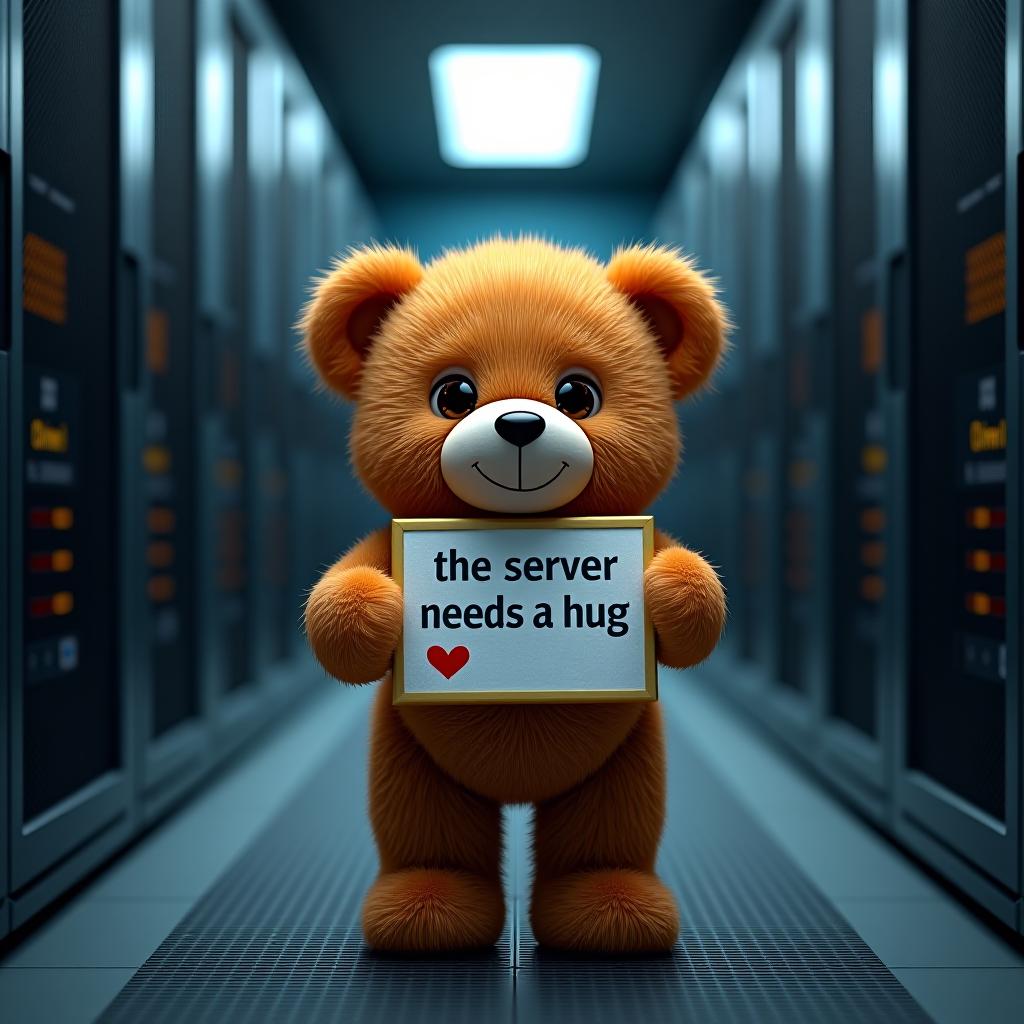  the cutest little teddy bear standing in a server room, holding a sign with the text: "the server needs a hug ❤️" deep depth of field, photography, natural geographic photo, hyper realistic, 16k resolution, (masterpiece, award winning artwork), many details, extreme detailed, full of details, wide range of colors, high dynamic,