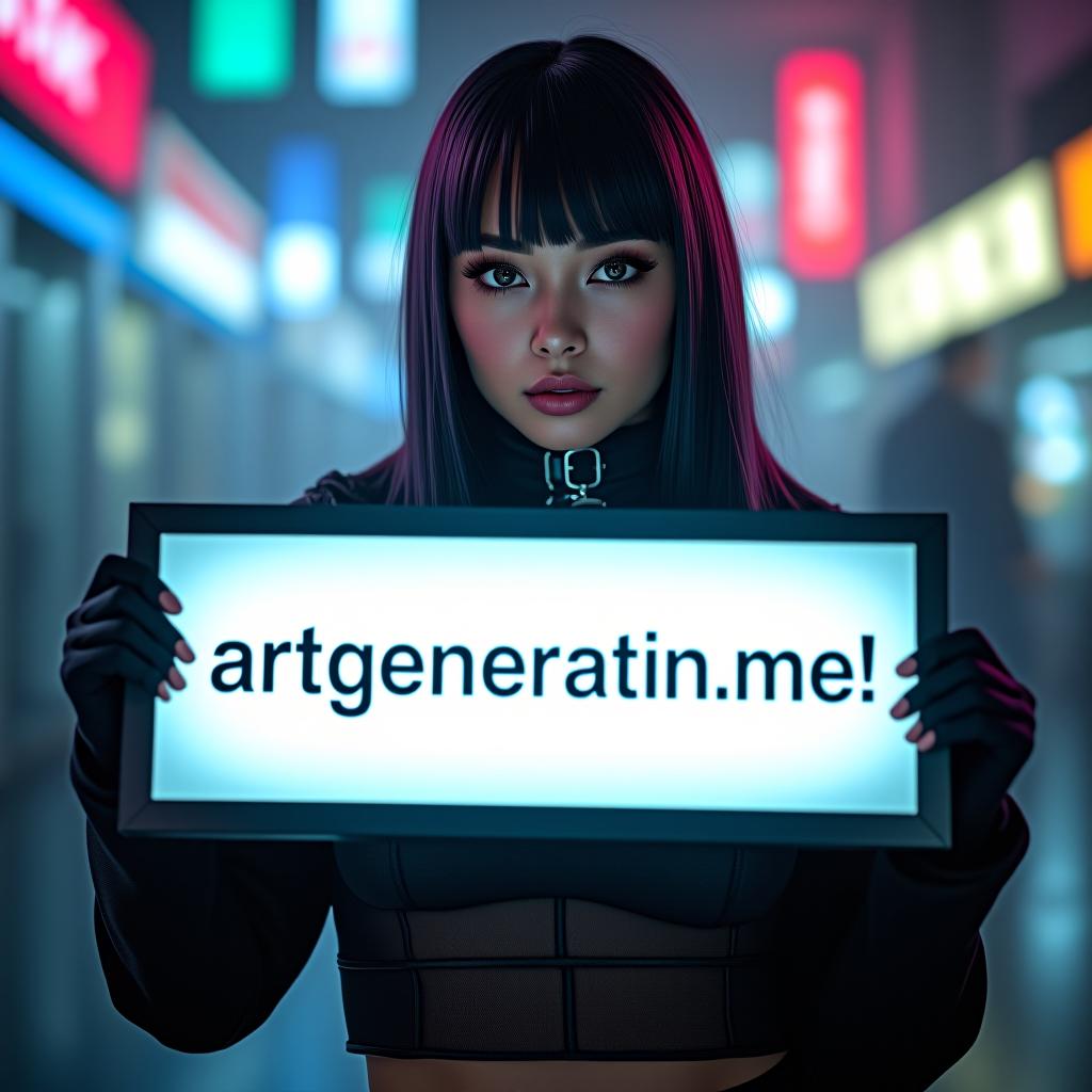  a beautiful woman in cyberpunk style holds a sign with text "artgeneration.me!" hyperrealistic, full body, detailed clothing, highly detailed, cinematic lighting, stunningly beautiful, intricate, sharp focus, f/1. 8, 85mm, (centered image composition), (professionally color graded), ((bright soft diffused light)), volumetric fog, trending on instagram, trending on tumblr, HDR 4K, 8K