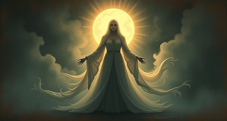  a radiant figure surrounded by ethereal light, inner glow extending outward, shaping the world, serene force. an illustration in the style of a worn, mystical old tarot trump card, mysterious and elements of surrealism. the colors are muted, somber and eerie, but with contrast bring out an occult and esoteric vibe.