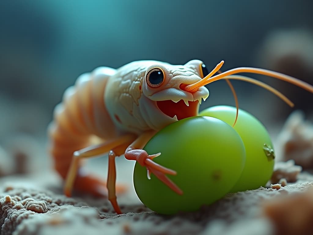  a colorless shrimp on the seabed smiles happily while eating big green grapes. cartoon style. colorful. fantastic. firooze hyperrealistic, full body, detailed clothing, highly detailed, cinematic lighting, stunningly beautiful, intricate, sharp focus, f/1. 8, 85mm, (centered image composition), (professionally color graded), ((bright soft diffused light)), volumetric fog, trending on instagram, trending on tumblr, HDR 4K, 8K