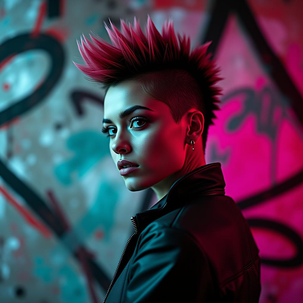  8. an electrifying, monochromatic portrait of a mohawked punk woman against a graffiti backdrop, accented by vibrant splashes of neon color. shot with a canon eos r5 and a 85mm f/1.2 lens. small text 'astravision' at bottom right corner. hyperrealistic, full body, detailed clothing, highly detailed, cinematic lighting, stunningly beautiful, intricate, sharp focus, f/1. 8, 85mm, (centered image composition), (professionally color graded), ((bright soft diffused light)), volumetric fog, trending on instagram, trending on tumblr, HDR 4K, 8K