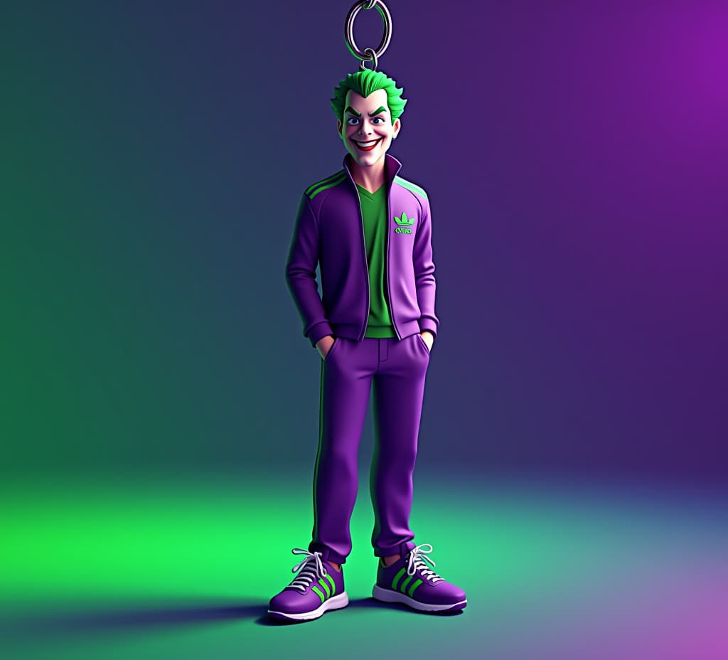  a 3d illustration of a keychain featuring a the joker wearing purple tracking suit adidas and green stripes, trendy shoes. the keychain is in a neon green and purple lighting in studio photography. the illustration has dynamic lighting and vivid colors.