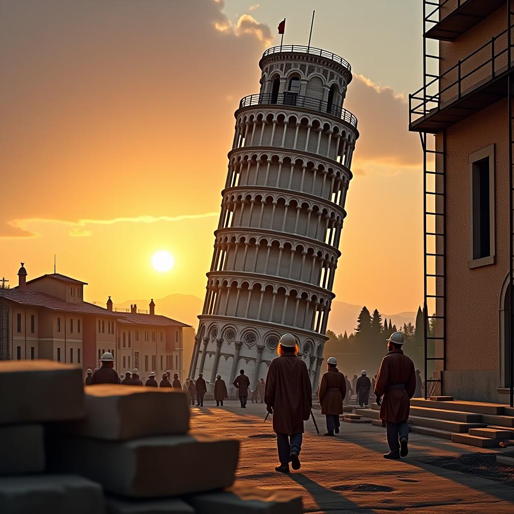  create a high quality, photorealistic image that vividly depicts the following scene: a detailed, atmospheric view of the leaning tower of pisa in mid construction, set against the backdrop of a fading sunset. limestone blocks, rustic working tools and scaffolding scattered everywhere in the forefront. ancient italian builders with sunburned faces look confused and worried as they notice the gradual tilt. dynamic lighting from the setting sun highlights the degree of the tilt. captured using a fujifilm gfx 100, f/2.8, iso 200, 1/125s, 10k, raw, unedited, rule of thirds, 10k. the image should: focus on the specific actions, emotions, and elements described in the scene show detailed facial expressions and body language  hyperrealistic, full body, detailed clothing, highly detailed, cinematic lighting, stunningly beautiful, intricate, sharp focus, f/1. 8, 85mm, (centered image composition), (professionally color graded), ((bright soft diffused light)), volumetric fog, trending on instagram, trending on tumblr, HDR 4K, 8K