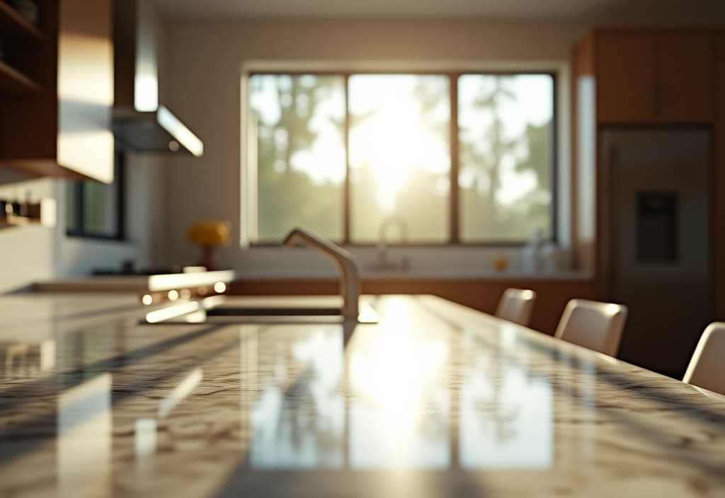  a landscape photo of a close up shot of a sleek, modern kitchen with sunlight streaming through a window, highlighting the texture and shine of a beautiful quartz countertop hyperrealistic, full body, detailed clothing, highly detailed, cinematic lighting, stunningly beautiful, intricate, sharp focus, f/1. 8, 85mm, (centered image composition), (professionally color graded), ((bright soft diffused light)), volumetric fog, trending on instagram, trending on tumblr, HDR 4K, 8K