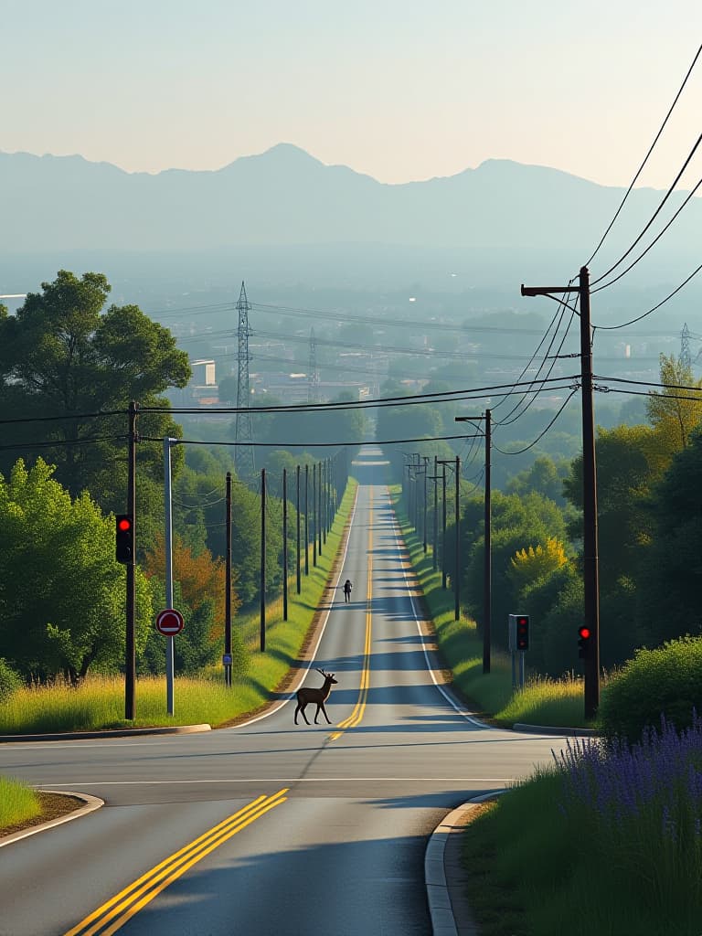  masterpiece,(((no people:1.7))),(panorama),(very wide field of view),(desolate cityscape),uninhabited scramble crossing,rusty traffic lights,ivy covering,trees growing,flowers blooming,lone deer standing,high quality,16k