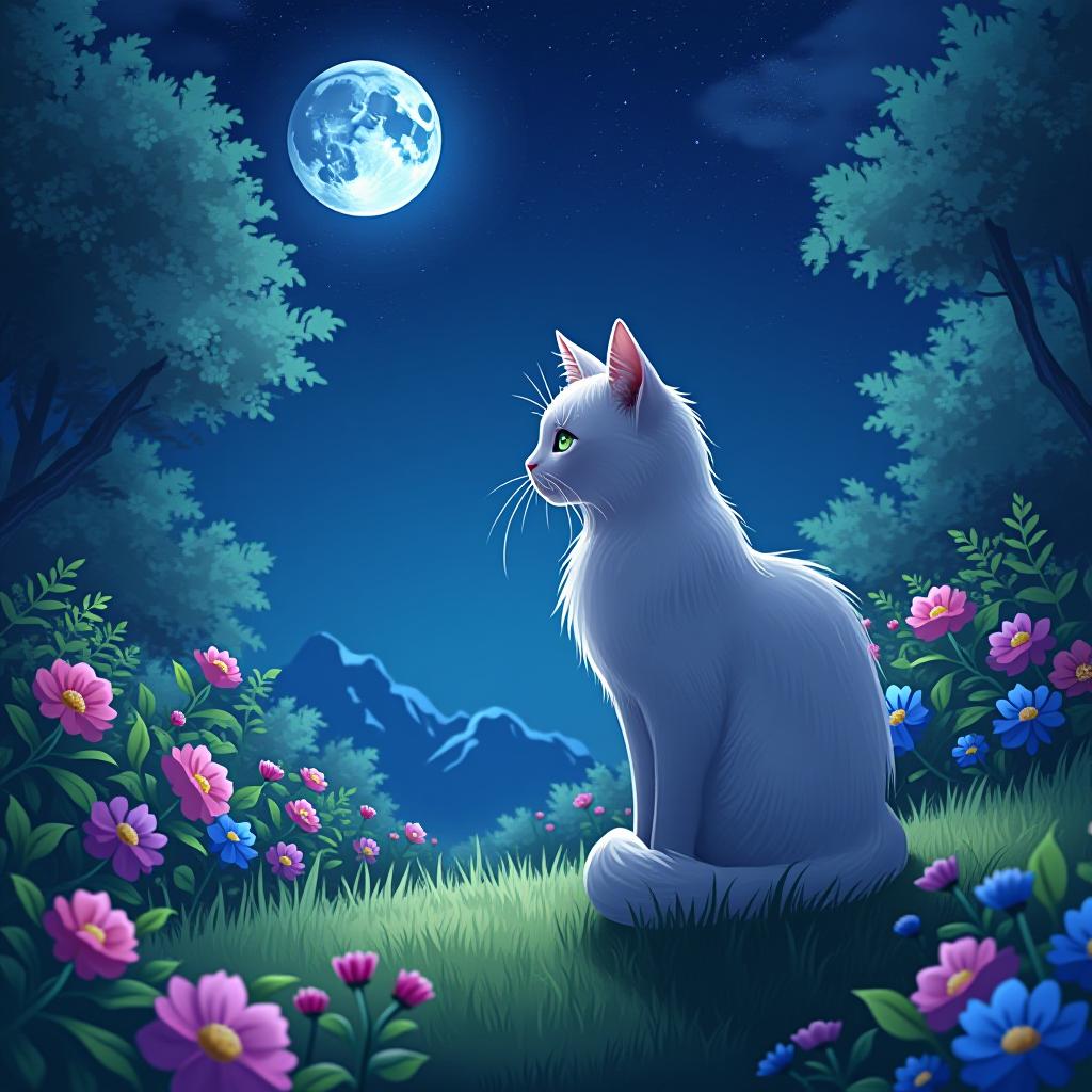  anime artwork nice cat sitting in the garden. night, moon in the sky. high detail, clear background, bright colors . anime style, key visual, vibrant, studio anime, highly detailed