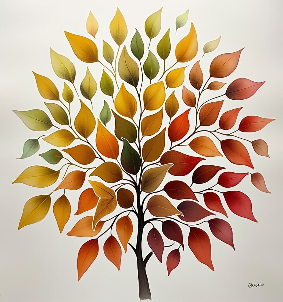  (watercolor and ink painting:1.3), (expressionist splash art:1.1)of a stunning arrangement of leaves that seem to float gracefully, creating a pattern reminiscent of the wings of birds or an abstract tree canopy. the leaves are attached to a central branch that acts as the main axis. each leaf is a different color, ranging from soft yellows and greens to rich reds and browns, evoking the changing hues of autumn. the colors blend seamlessly to create an ombre effect that adds depth and dimension to the piece. the leaves are layered in such a way that they create a textured, three dimensional look. this piece of art beautifully captures the diversity and beauty of nature, symbolizing themes of growth, change, and the cyclical nature of life. 