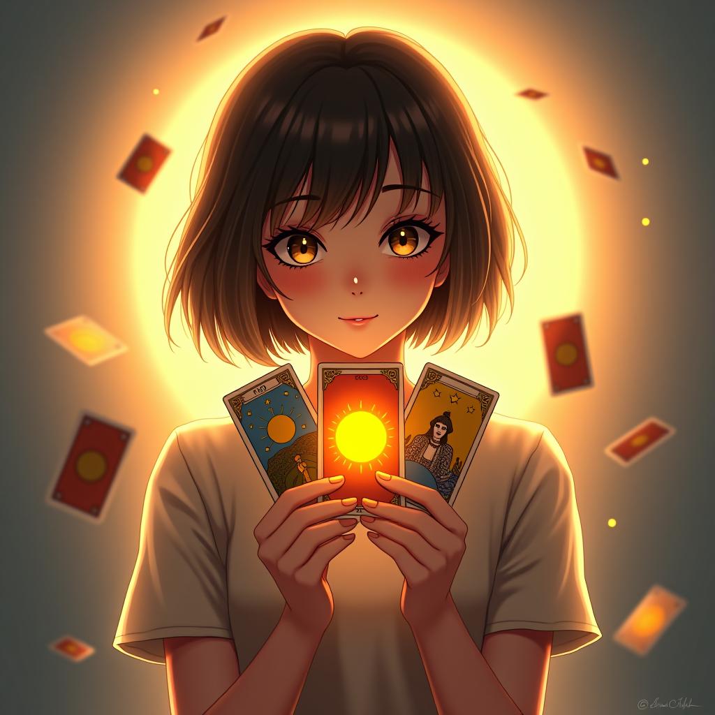  a realistic girl with short hair against a beautiful light background is holding tarot cards with twinkling lights, clearly showing the sun card, while the other cards are flying around.