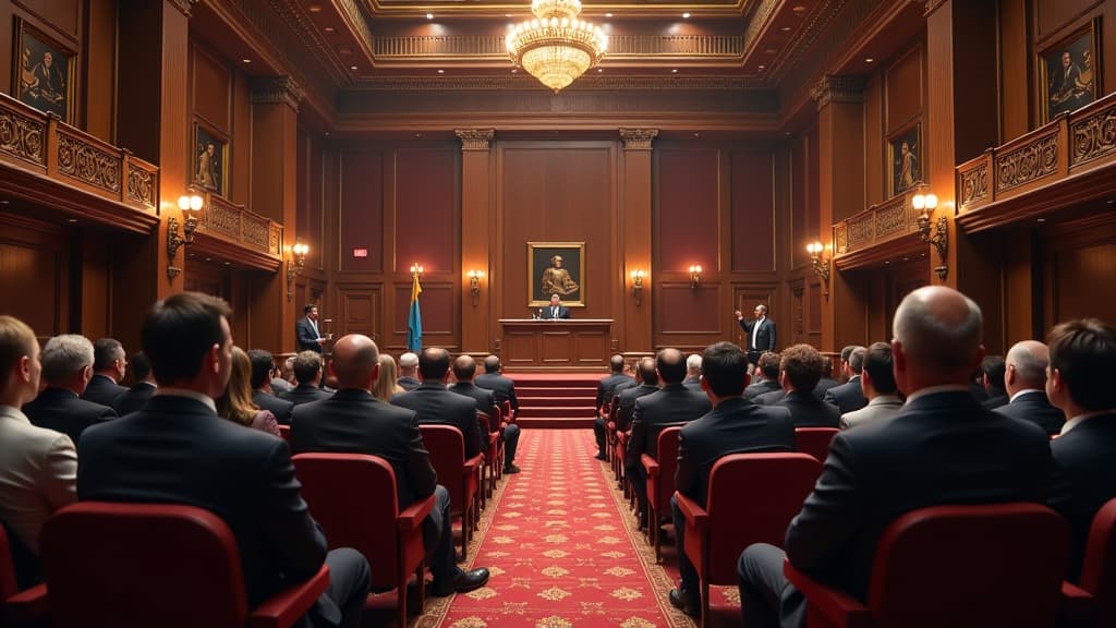  prompt: create a hyper realistic image capturing the essence of a prestigious family law seminar package. the scene should feature a grand auditorium filled with lawyers, eagerly absorbing knowledge from renowned speakers. show three separate blocks of sessions, each lasting 5 hours, with distinct visual elements for interpretation of prenuptial agreements and other family law agreements. include a detailed depiction of prof. dr. alexander schwonberg, the presiding judge at the higher regional c