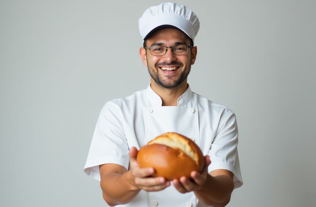  portrait of a baker in white uniform and hat holding a bread in his hands, looking to camera, copy space, smiling, light background, full body shot, ar 3:2, (natural skin texture), highly detailed face, depth of field, hyperrealism, soft light, muted colors