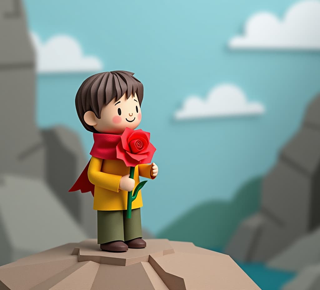  paper craft of boy with scarf and red rose on rocky landscape